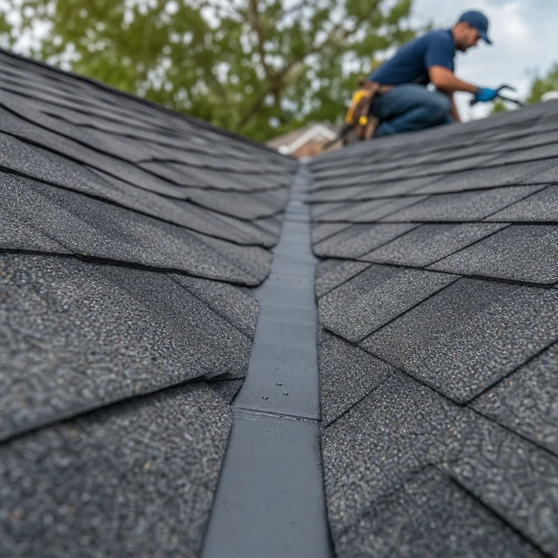 Clean roof valley with correctly aligned shingles and a clear water channel