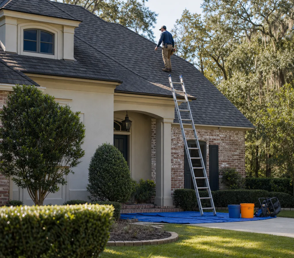 Roofer inspecting an asphalt shingle roof on a Mandeville home with a safely positioned ladder and organized work area