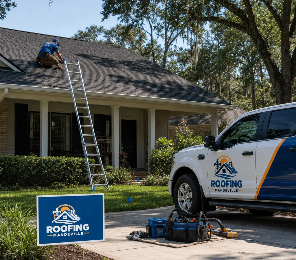 Roofer inspecting an asphalt shingle roof on a Mandeville home with a safely positioned ladder and organized work area