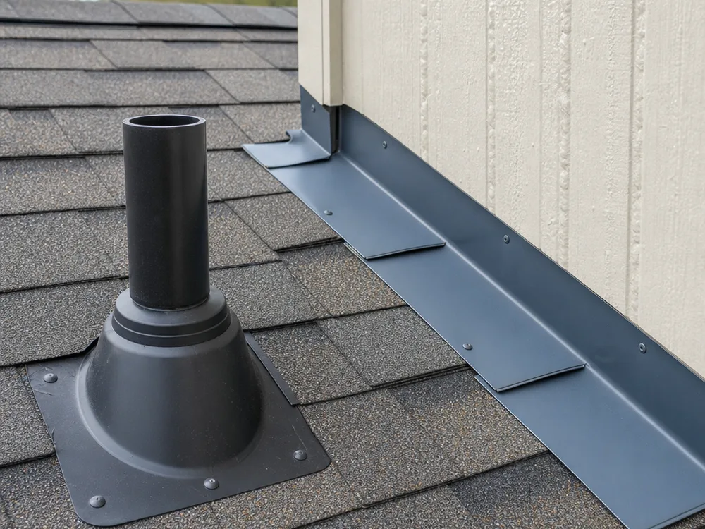 Proper wall-transition flashing and plumbing vent boot integrated with asphalt shingles