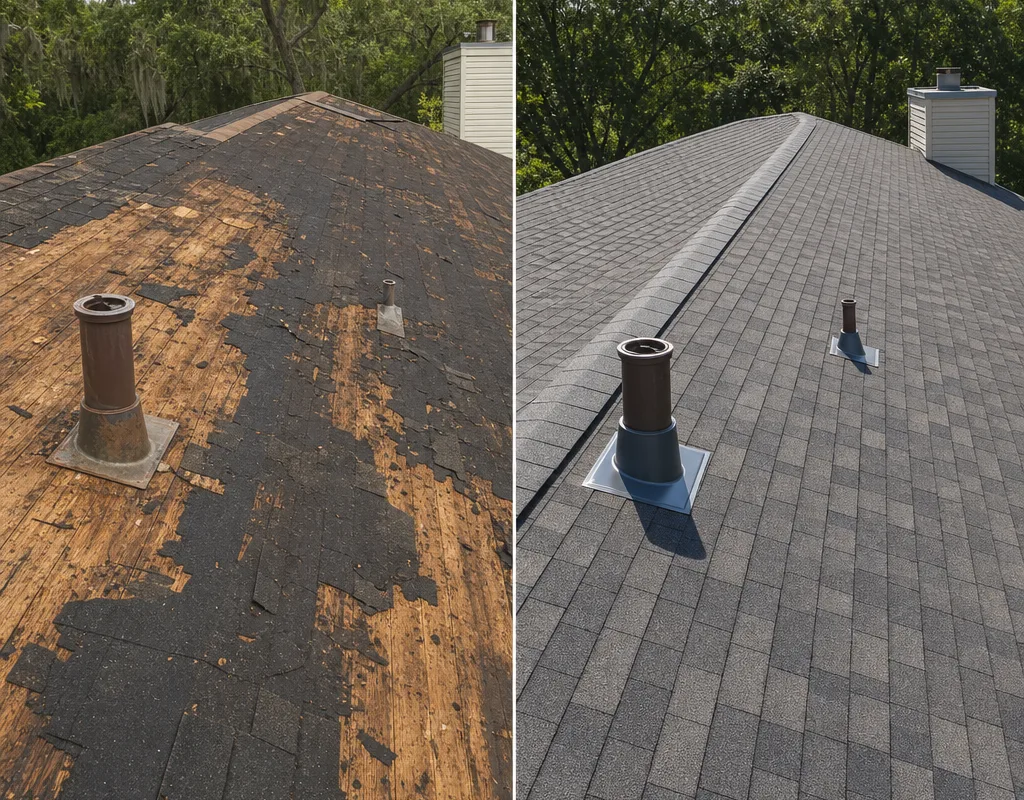 Before-and-after comparison of a worn Mandeville roof and a completed replacement with straight shingles and new penetration flashing
