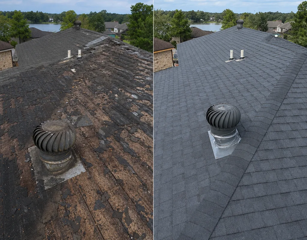 Before-and-after comparison of a worn Mandeville roof and a completed replacement with straight shingles and new penetration flashing