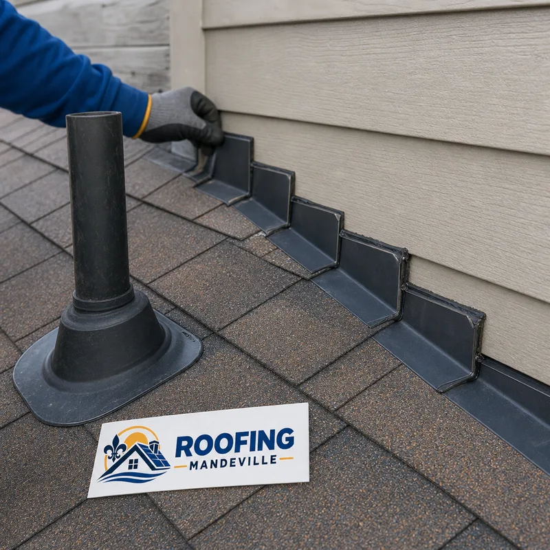 Properly installed step flashing at a wall intersection and a sealed pipe boot on an asphalt shingle roof