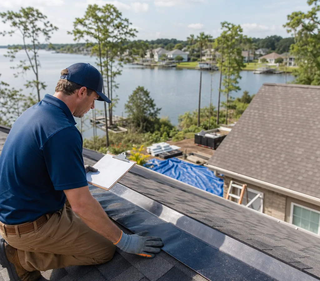 Licensed roofer inspecting shingles and flashing on a Mandeville-area home with a clipboard and an organized job site