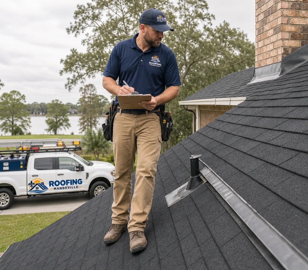 Licensed roofer inspecting shingles and flashing on a Mandeville-area home with a clipboard and an organized job site