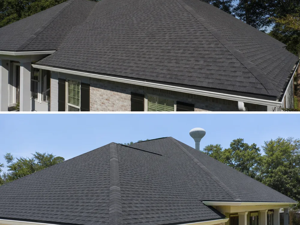 Finished architectural shingle roof with a clean ridge cap, consistent shingle lines, and new drip edge along the eaves