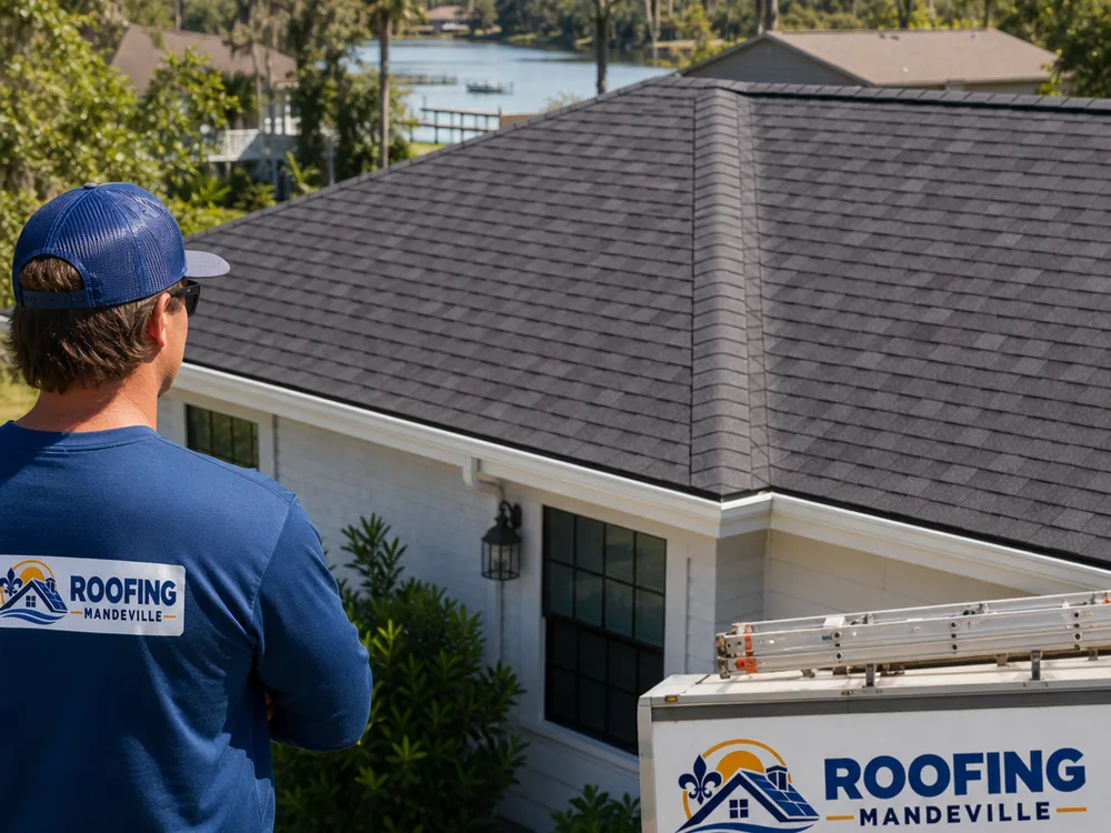 Finished architectural shingle roof with a clean ridge cap, consistent shingle lines, and new drip edge along the eaves