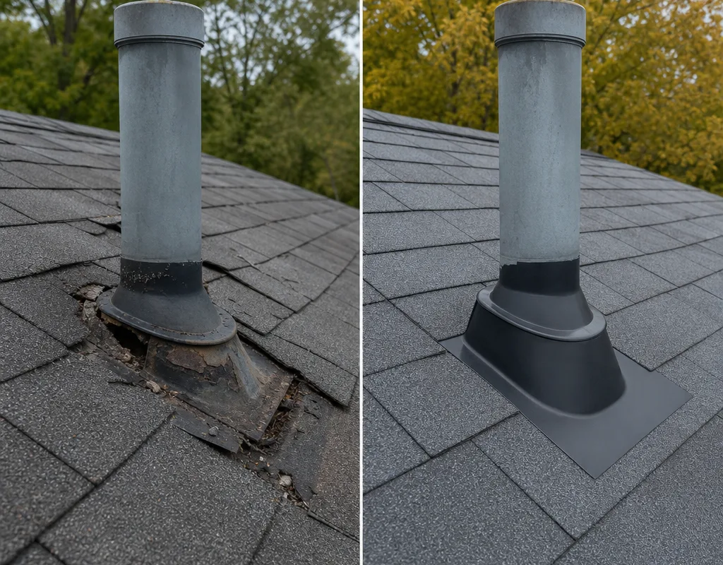 Before-and-after view of repaired shingles and flashing around a roof vent penetration