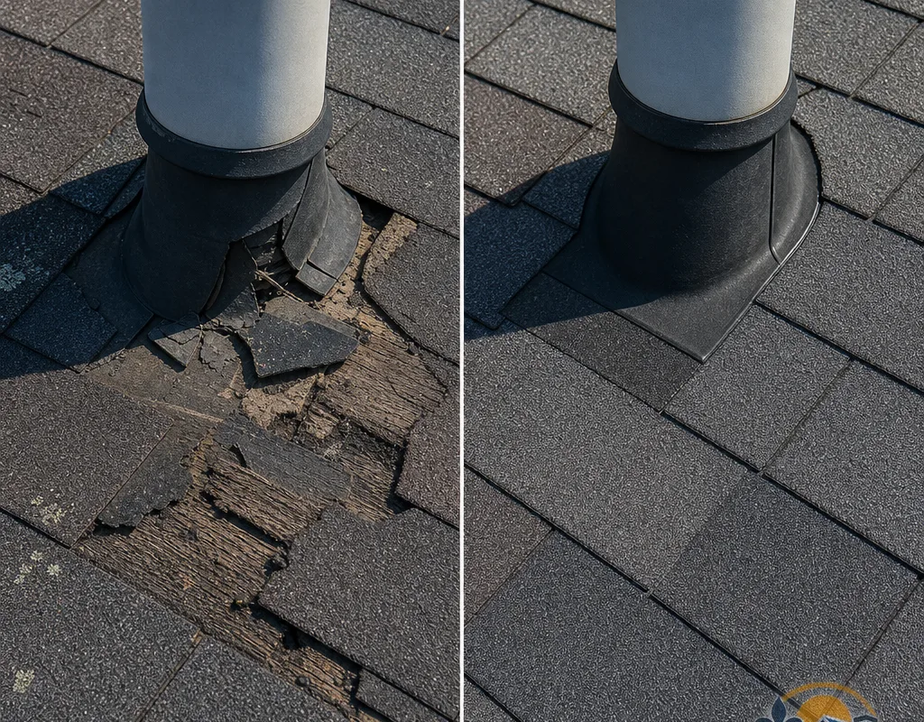 Before-and-after view of repaired shingles and flashing around a roof vent penetration