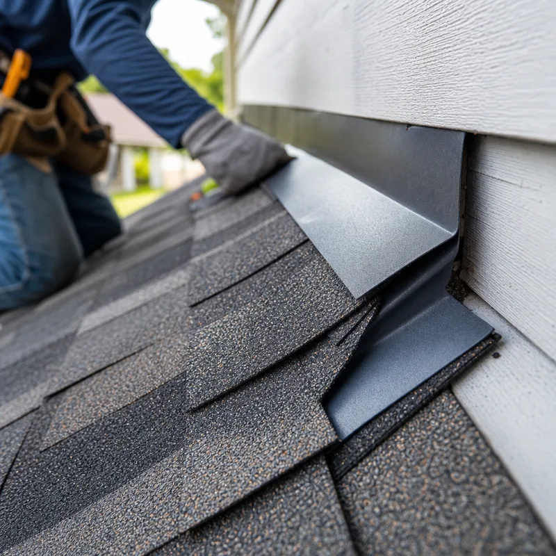 Correctly layered step flashing where an asphalt shingle roof meets a vertical wall