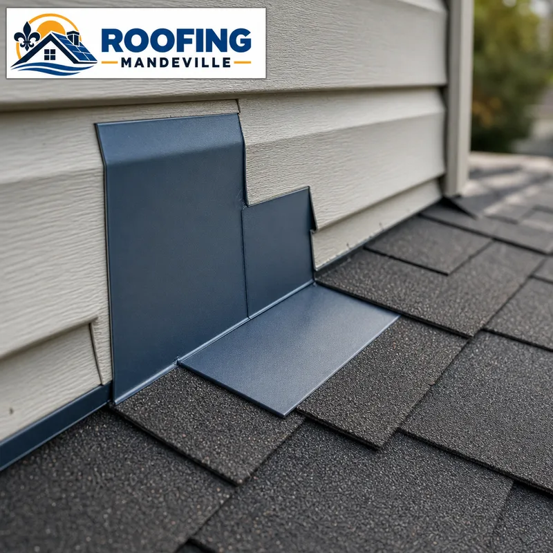 Correctly layered step flashing where an asphalt shingle roof meets a vertical wall