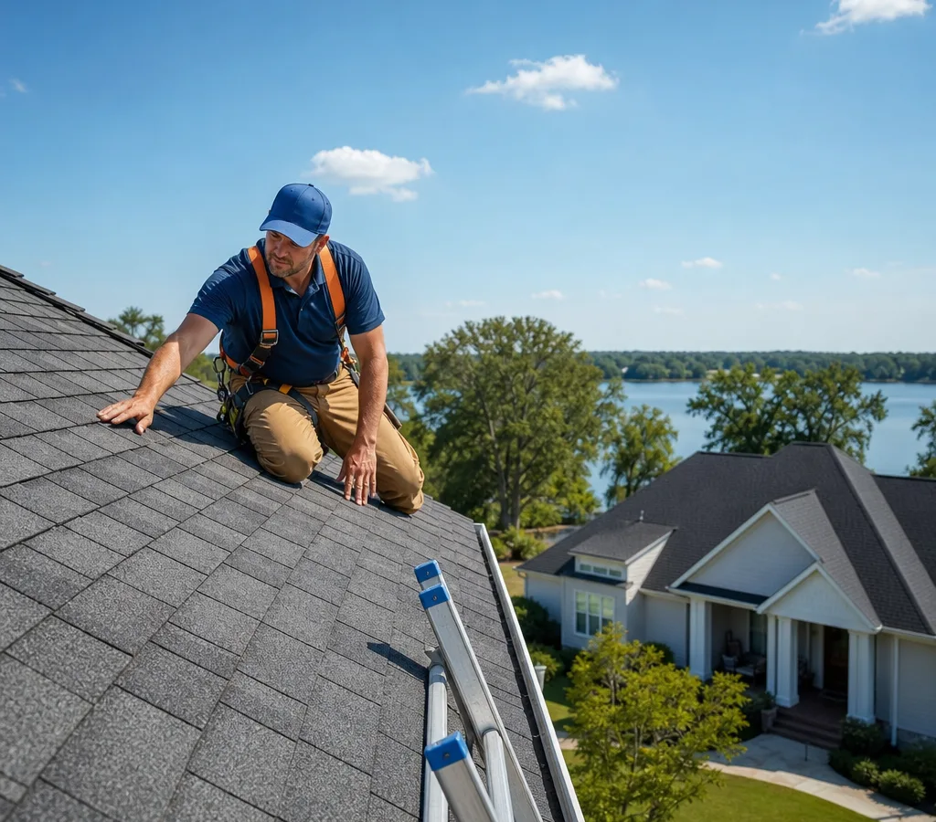 A roofer safely inspecting an asphalt shingle roof on a residential home in Mandeville, Louisiana