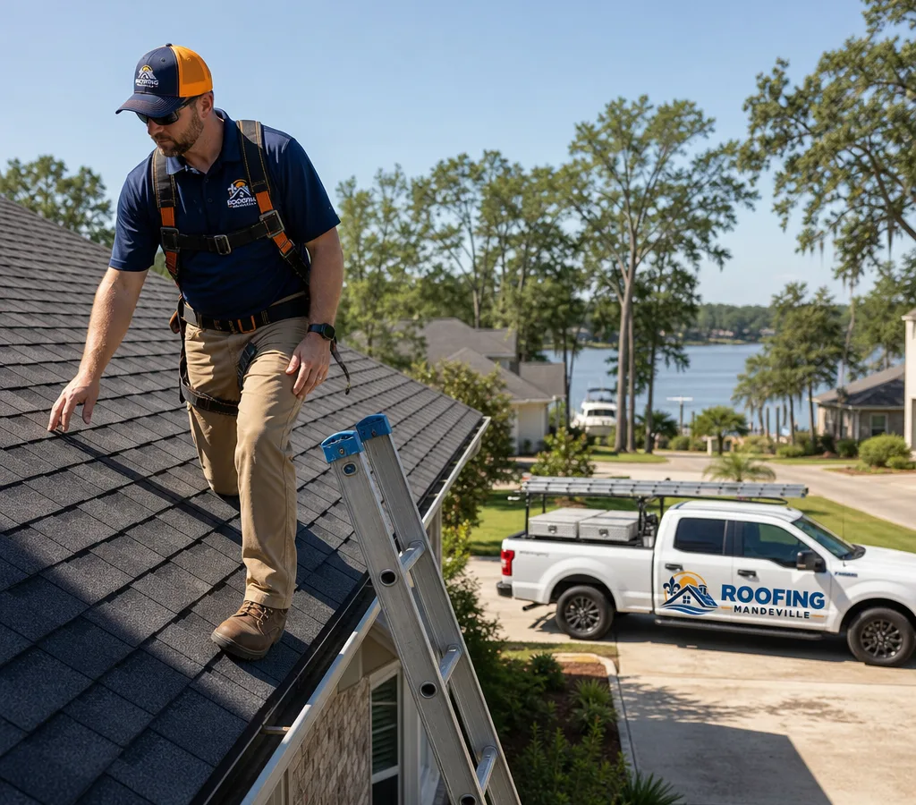 A roofer safely inspecting an asphalt shingle roof on a residential home in Mandeville, Louisiana