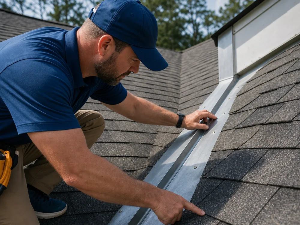 Close-up evaluation of roof flashing and a shingle valley, with hands pointing to seams and fasteners