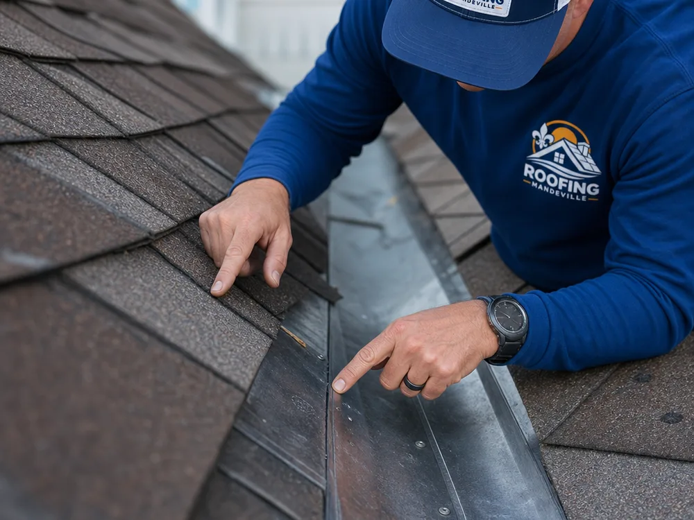 Close-up evaluation of roof flashing and a shingle valley, with hands pointing to seams and fasteners