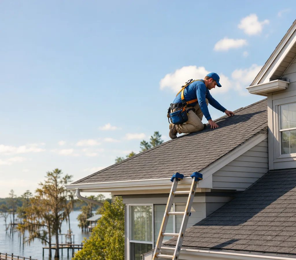 Roofer in safety gear inspecting an asphalt shingle roof on a Mandeville home
