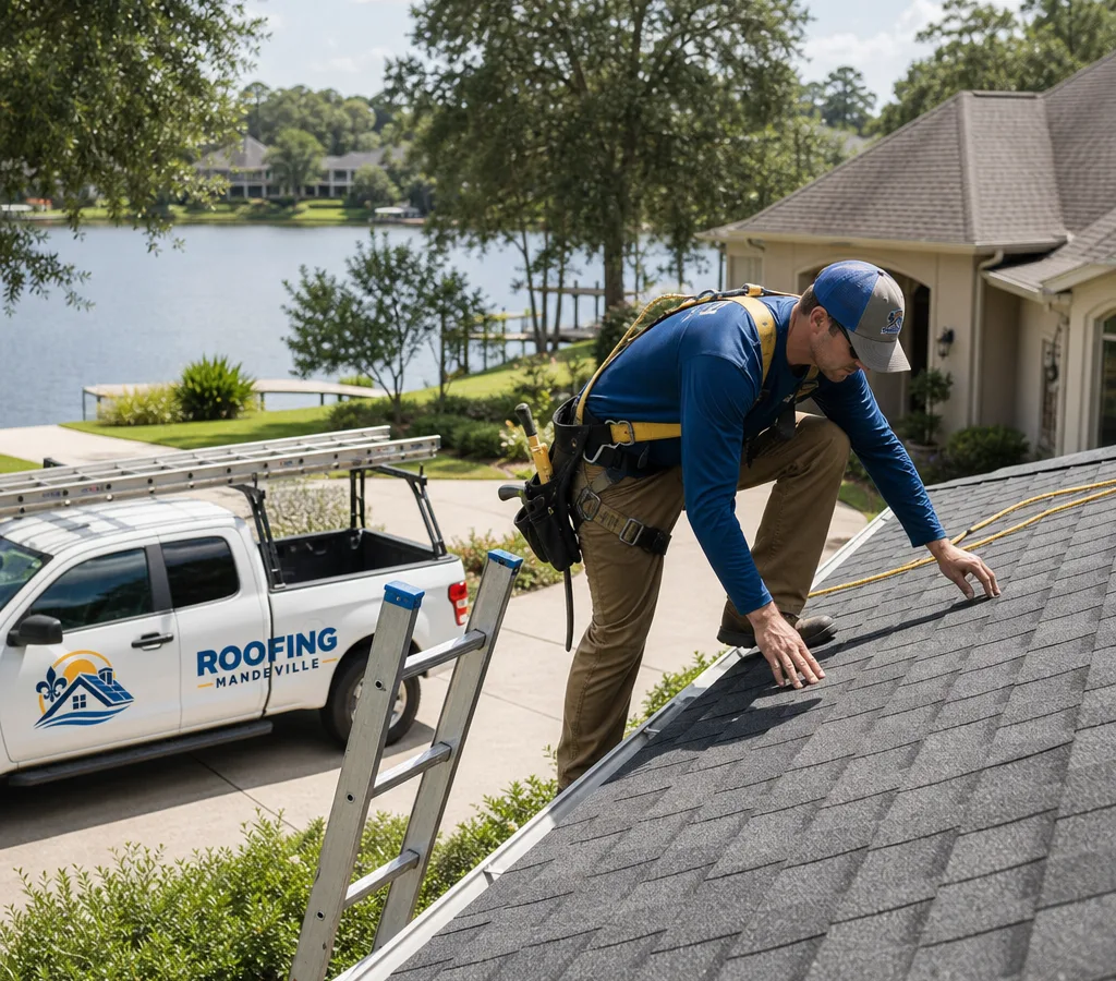 Roofer in safety gear inspecting an asphalt shingle roof on a Mandeville home
