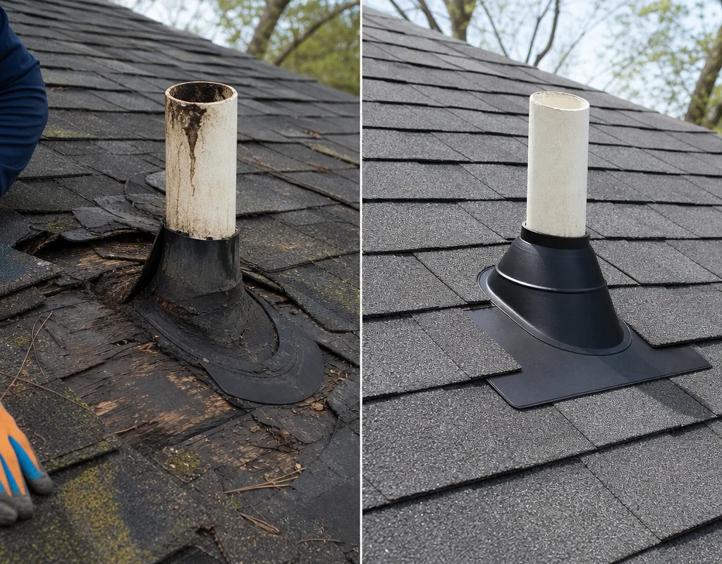 Before-and-after vent penetration repair showing a failed boot and stained decking followed by new flashing and shingles