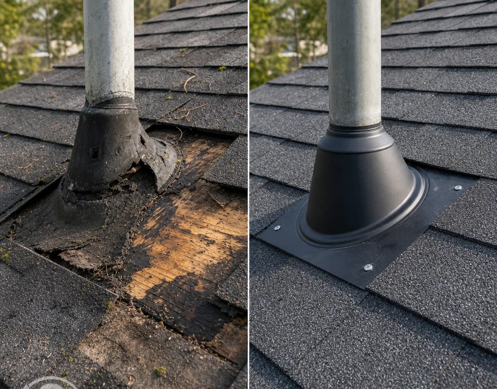 Before-and-after vent penetration repair showing a failed boot and stained decking followed by new flashing and shingles
