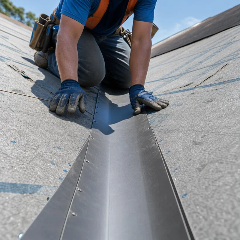 Valley detail showing underlayment and valley flashing installed before the shingles