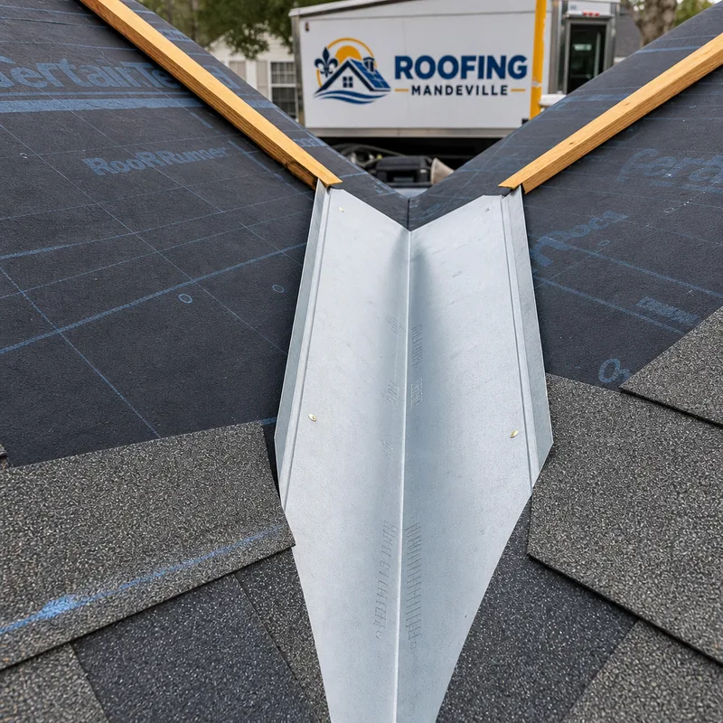 Valley detail showing underlayment and valley flashing installed before the shingles