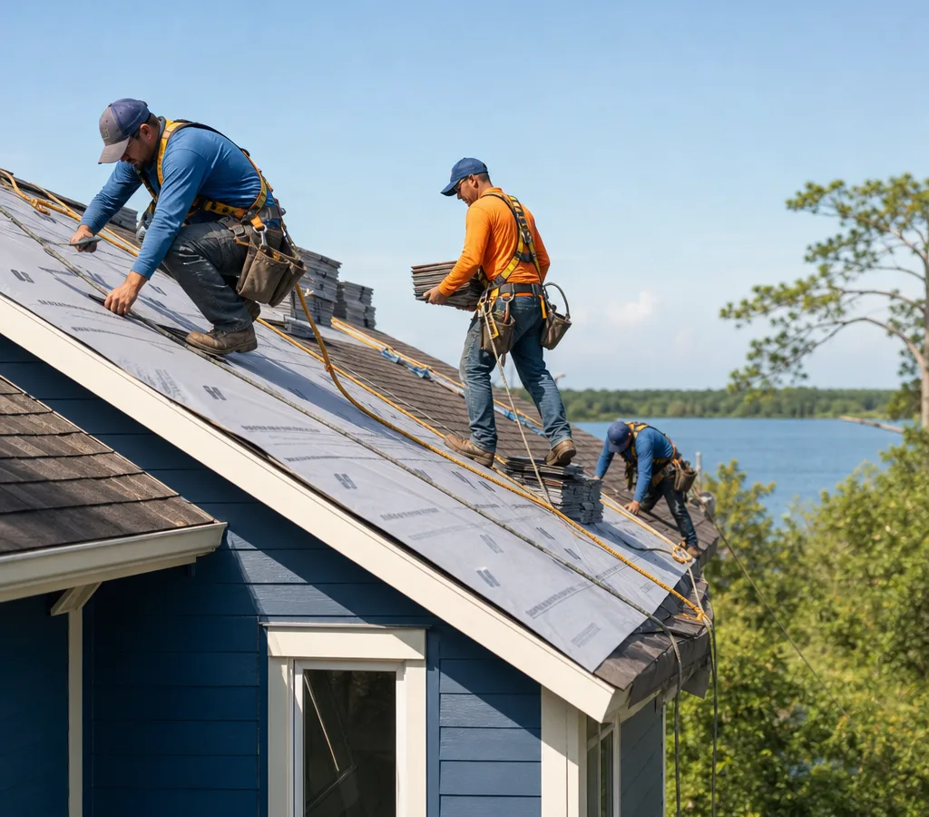 Roofing crew working safely with fall protection and staged materials on a Mandeville residential roof
