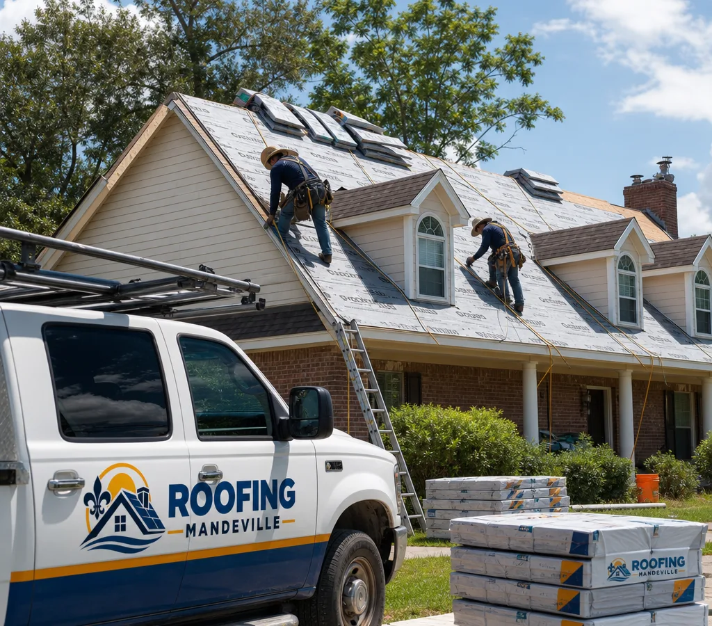 Roofing crew working safely with fall protection and staged materials on a Mandeville residential roof