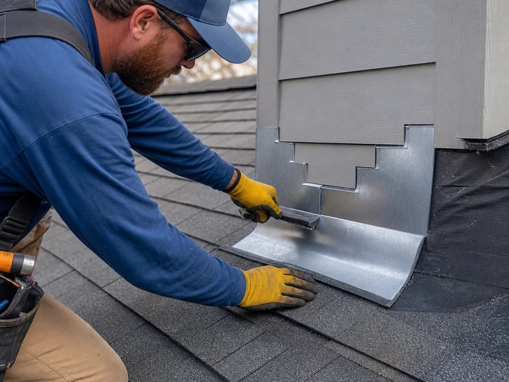 New step flashing and counterflashing installed at a roof-to-wall transition with properly lapped underlayment
