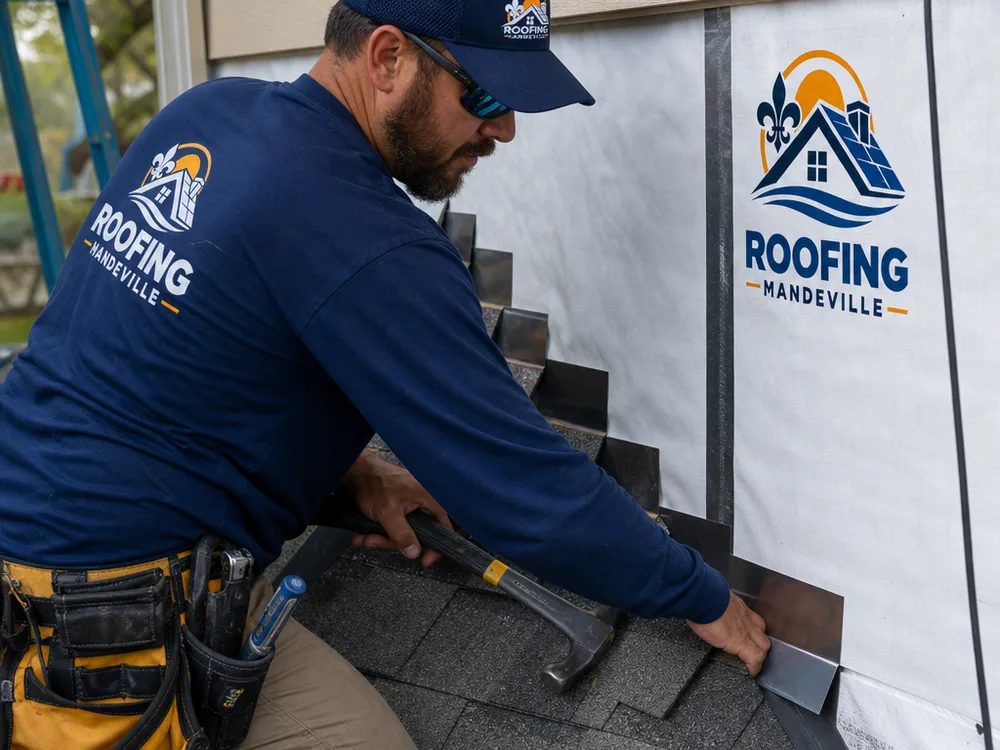 New step flashing and counterflashing installed at a roof-to-wall transition with properly lapped underlayment