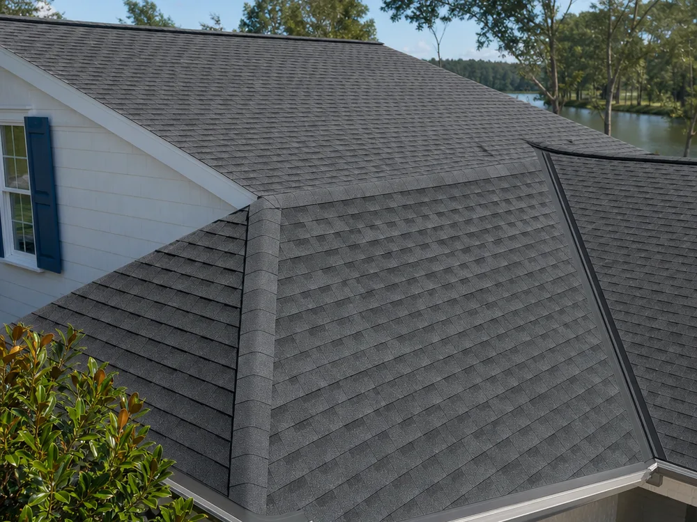Completed architectural shingle roof with straight courses, clean ridge caps, and tidy roof-to-wall flashing