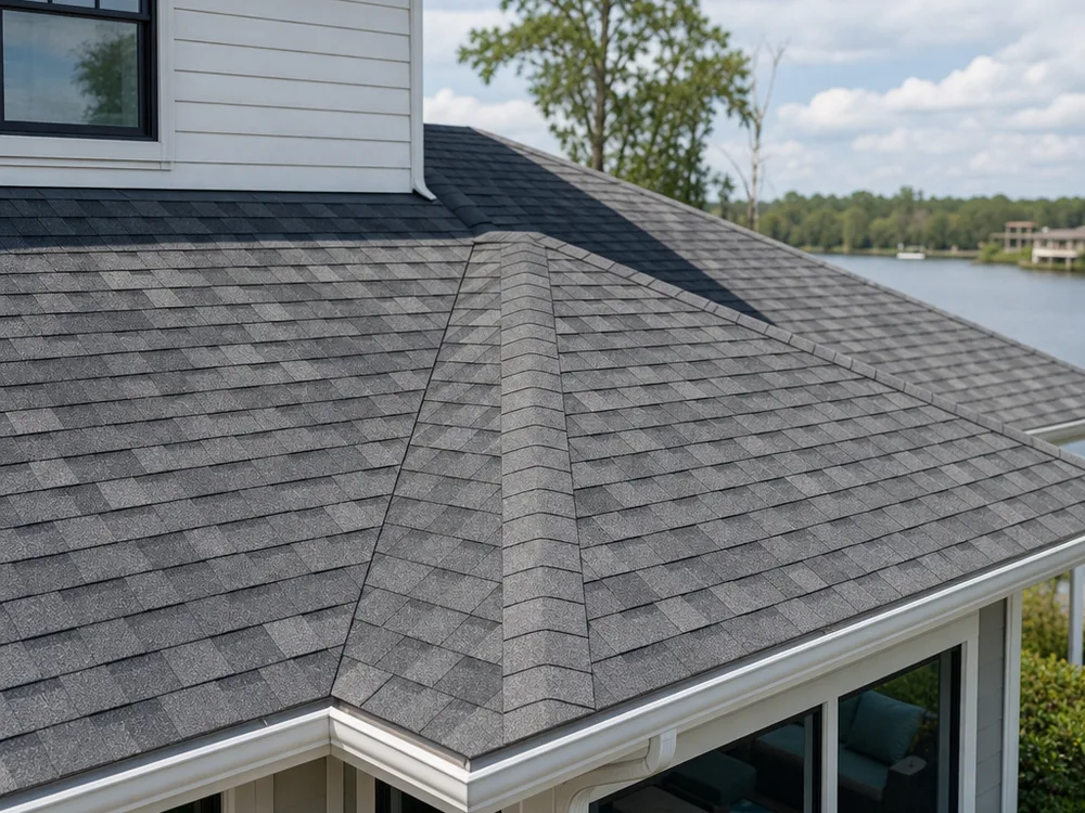 Completed architectural shingle roof with straight courses, clean ridge caps, and tidy roof-to-wall flashing