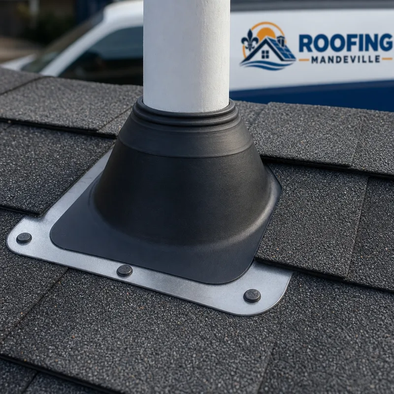 New pipe boot correctly seated beneath shingles with flashing and sealed nail heads