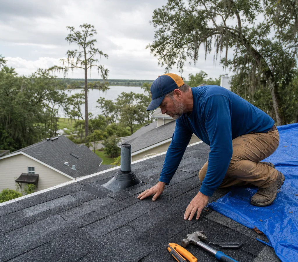 Roofer inspecting a suspected leak near a pipe boot and flashing on a residential shingle roof in Mandeville