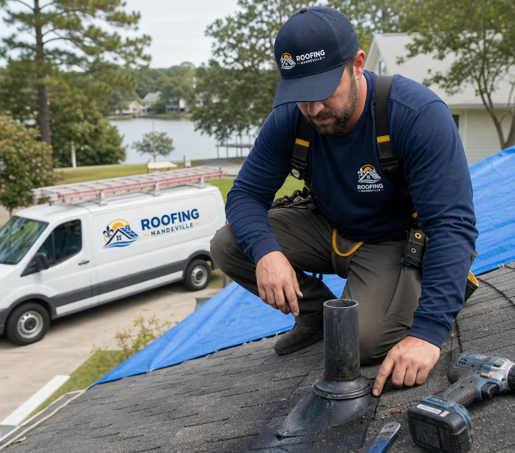 Roofer inspecting a suspected leak near a pipe boot and flashing on a residential shingle roof in Mandeville