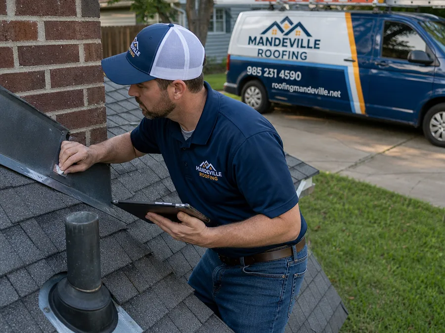 Roofer documenting step flashing and pipe boot seals during a roof evaluation