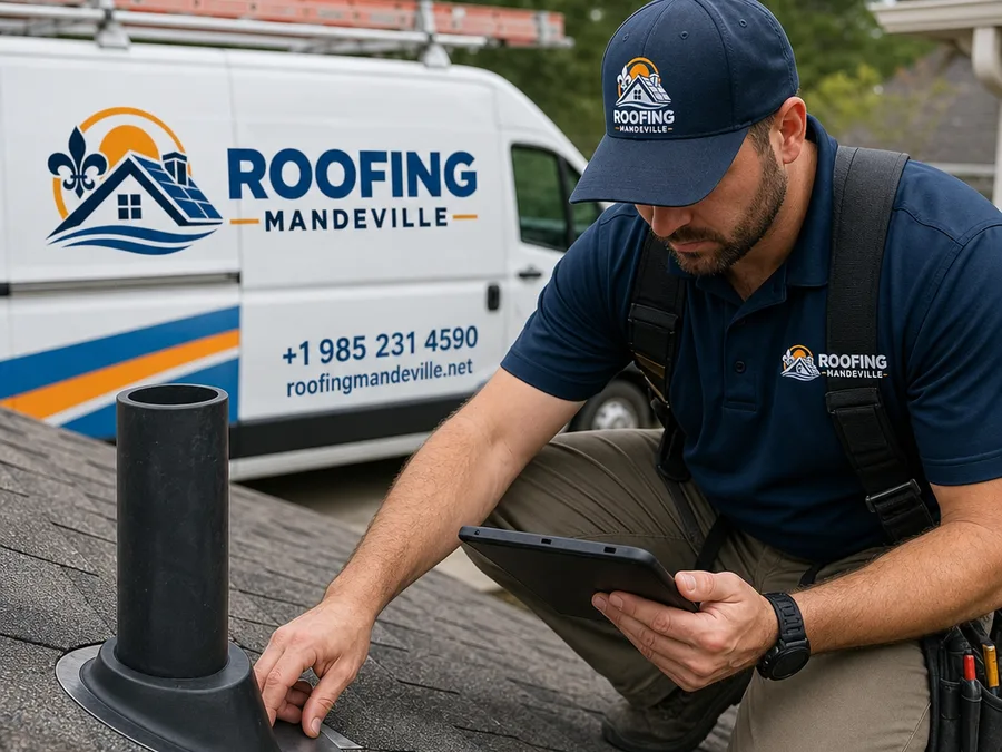 Roofer documenting step flashing and pipe boot seals during a roof evaluation