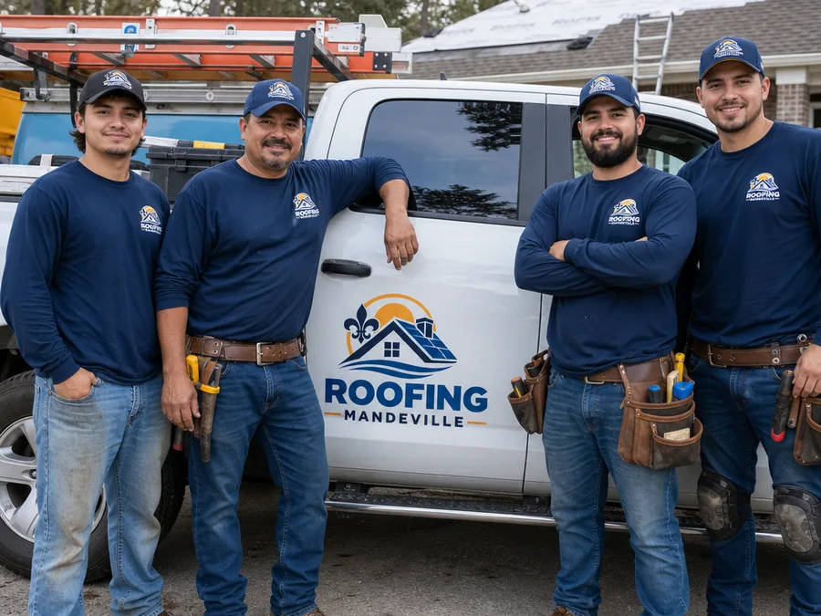 Roofing crew with safety gear beside a work truck at a Mandeville residential job site